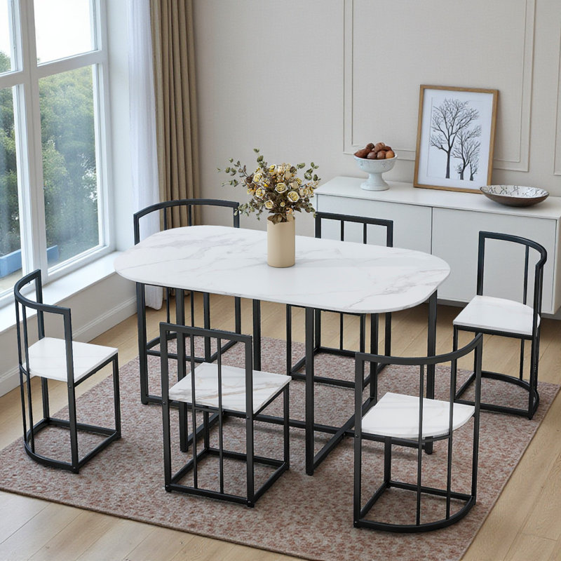 Ensemble de salle à manger moderne 7 pièces avec table de cuisine compacte en faux marbre 55 pouces et chaises noires et blanches