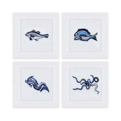 Marine Motif Embroidered Linen Cocktail Napkins