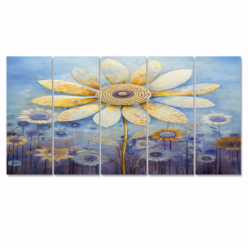 Fleur de marguerite jaune sur fond d'aquarelle bleu - marguerite 5 pièces, H 32 po x l 80 po