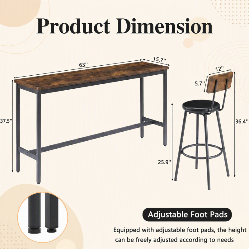 Bar Table and Chairs Set for 3, 4 Piece Industrial Dining Table Set with 3 PU Upholstered Bar Stools, Bar Table Set for Kitchen, Dining Room, Living Room, Bar, Cafe, Small Space Corner, Rustic Brown