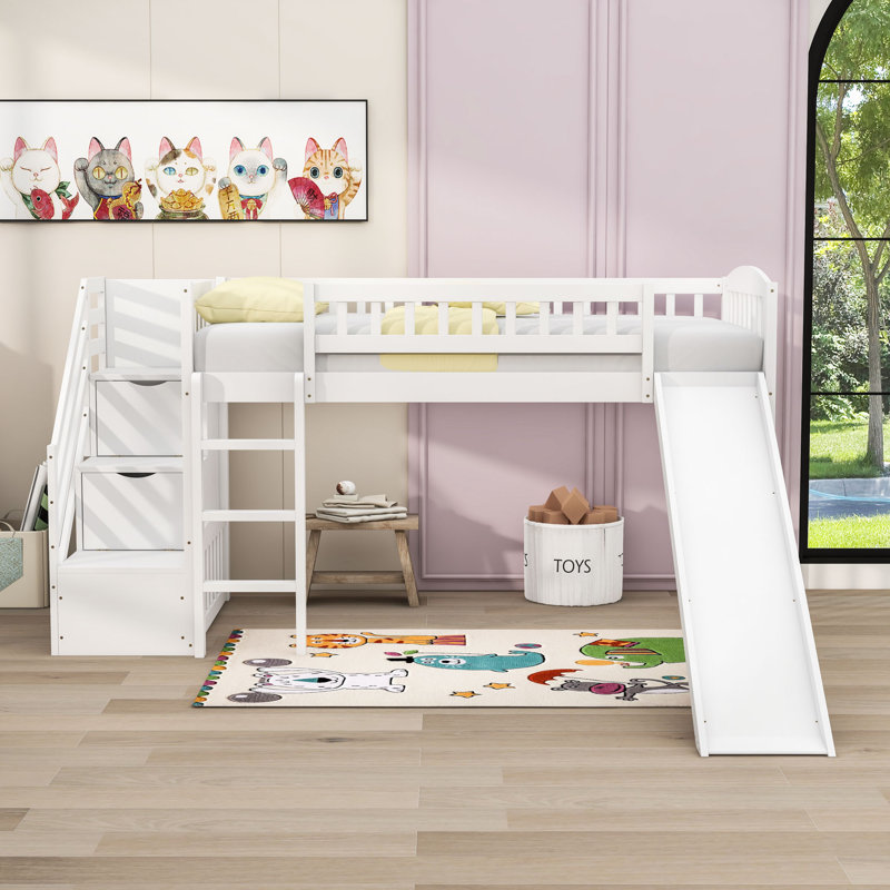 Twin Size Loft Bed With Staircase And Convertible Slide, White
