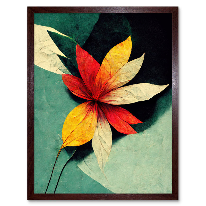 Abstract Flowers Teal Red Yellow - Single Picture Frame Print, Brown Framed Unframed, 25.9cm H x 20.6cm W x 1.5cm D