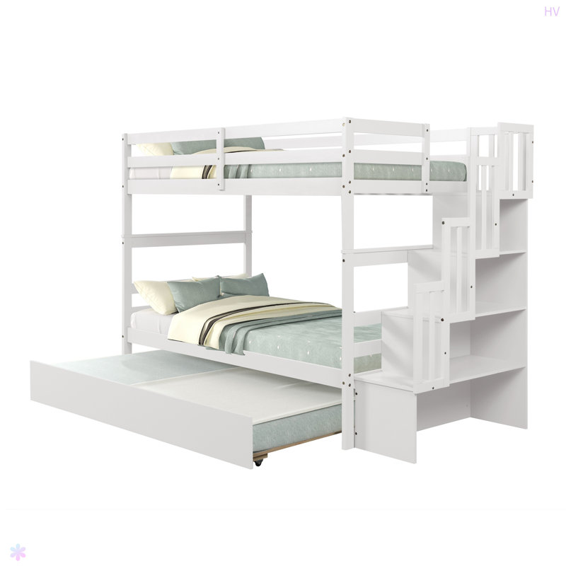 Lits simples superposés avec lit gigogne simple et fonction de rangement pour escalier, Blanc