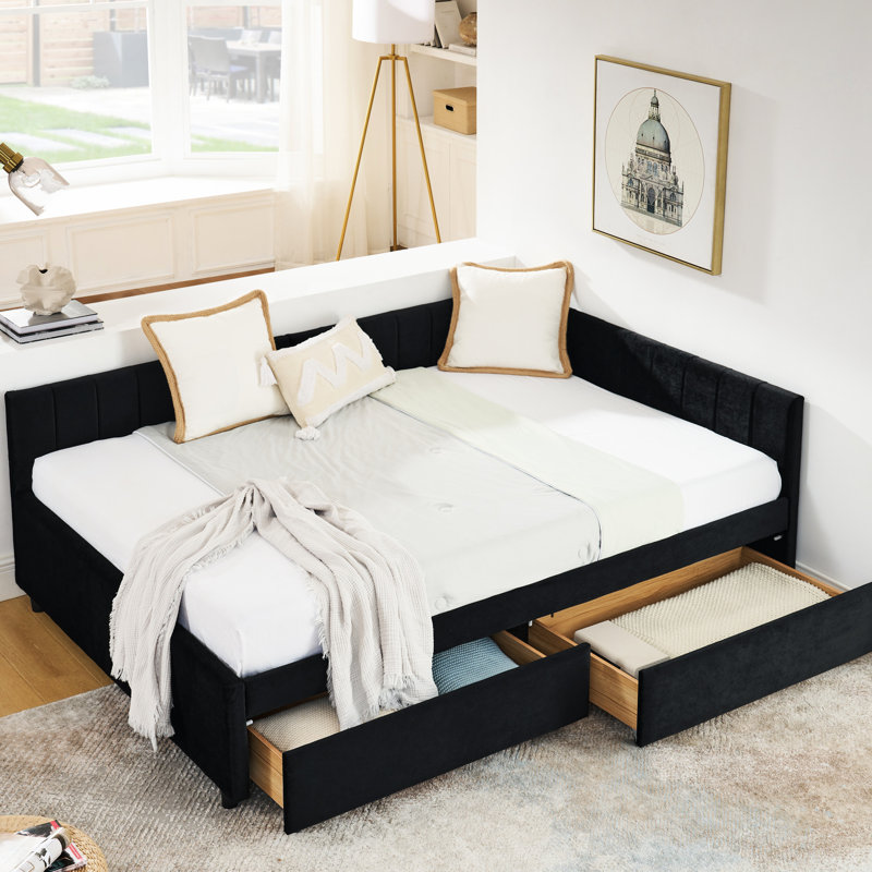 Lit double en velours, structure de lit tapissier, deux tiroirs de rangement, lit confortable, cadre contemporain de style familial avec cadre moderne