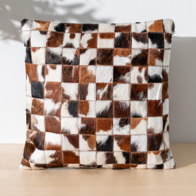Cowhide Patchwork Pillow Cover & Insert, Brown/White