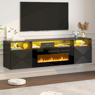 71" Floating TV Stand with 36" Electric Fireplace, Modern Wall Mounted Fireplace Entertainment Center LED Lights for TVs Up to 80", Media TV Console for Living Room, Black