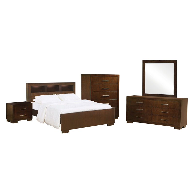 Ensemble de chambre à coucher Cappuccino, 5 pièces : lit, table de chevet, commode, miroir, Queen