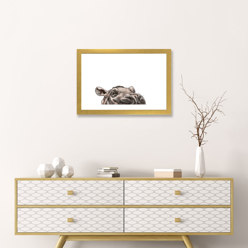«Peeking Hippo» par Big Nose Work - impression d'art graphique, Papier encadré doré, Blanc, H 16 po x l 24 po x P 1 po