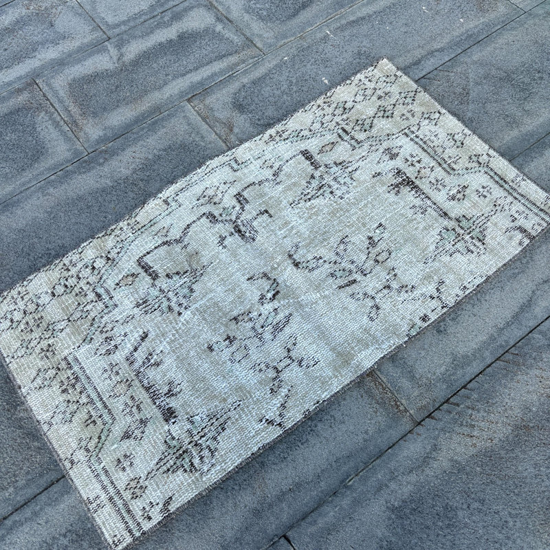 Vintage Beige Turkish Rug: Small and Antique with Rustic Distressed Design for Doorway Decor
