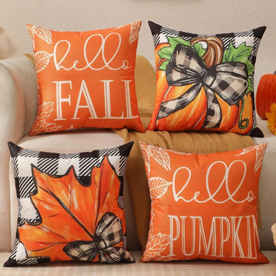 Double-Sided Fall Pillow Covers Set of 4 | Buffalo Plaid Pumpkin & Maple Leaf Linen Throw Pillow Cases for Farmhouse Décor
