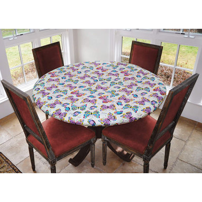 Rosalind Wheeler Deluxe Elastic Edged Flannel Backed Vinyl Fitted Table Cover - Colourful Butterfly Pattern