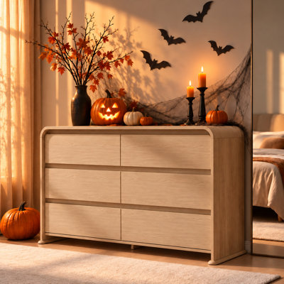 Commode à 6 tiroirs de 40 cm de large pour chambre à coucher, commode de rangement en bois, commode moderne avec large plateau pour téléviseur et décoration, conception anti-basculement, glissières métalliques lisses — Naturel