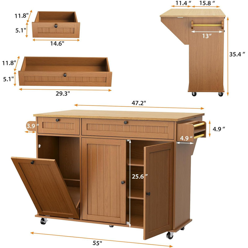 Rolling Kitchen Island Carts with Storage, 55" Wide Island Table on Wheels with Spice Rack, Towel Rack, Knife Holder and Trash Can Storage, Portable Mobile Island Table for Kitchen