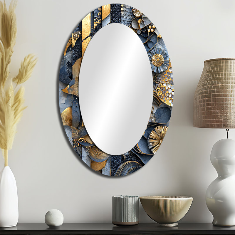 Carrelage abstrait bleu et gris IV - Miroir mural moderne ovale, 36 po x 24 po
