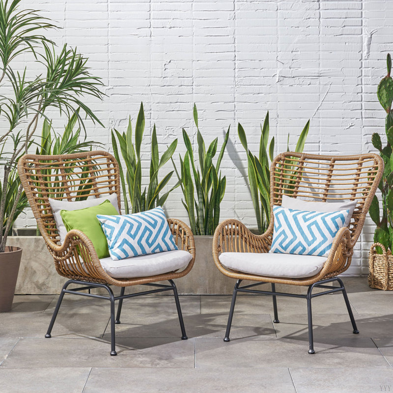 Ensemble de 2 chaises de patio en osier avec coussins Tapscott, Naturel, Beige