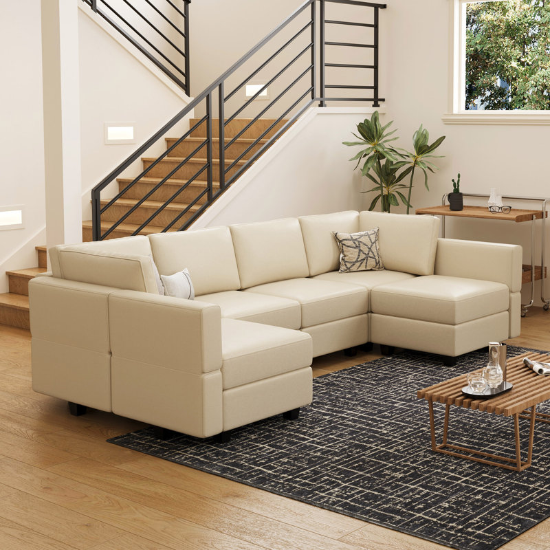 Colusa U Shaped 6-Seat Faux Leather Sofa Storage Couch Modular Sofa Memory Foam Sectional Sofa Black Orange Beige For Livingroom