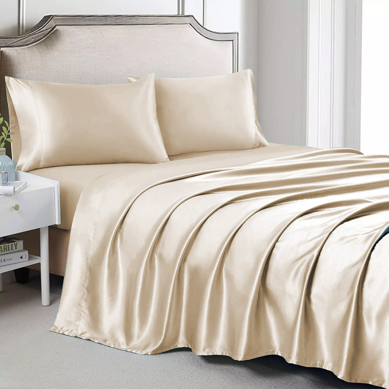  Ensemble de draps en satin de luxe et soyeux 4 pièces Rose Collection - 6 couleurs, Crème, Grand