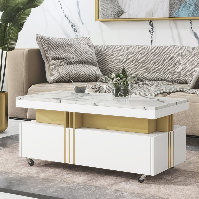 Storage Coffee Table With 2 Drawers, White/Gold, White/Gray