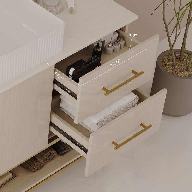 Meuble-lavabo moderne avec lavabo vasque en céramique, armoire autoportante décorative dorée pour un design élégant et fonctionnel