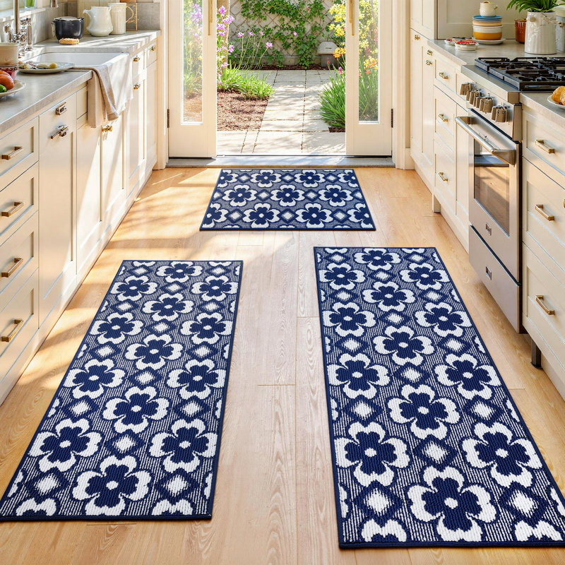 Tapis de couloir antidérapant et lavable (ensemble de 3), Bleu
