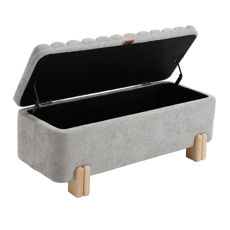 Banc de rangement rembourré à dessus rabattable avec pieds en bois massif, Crème, crème, Velours gris velours