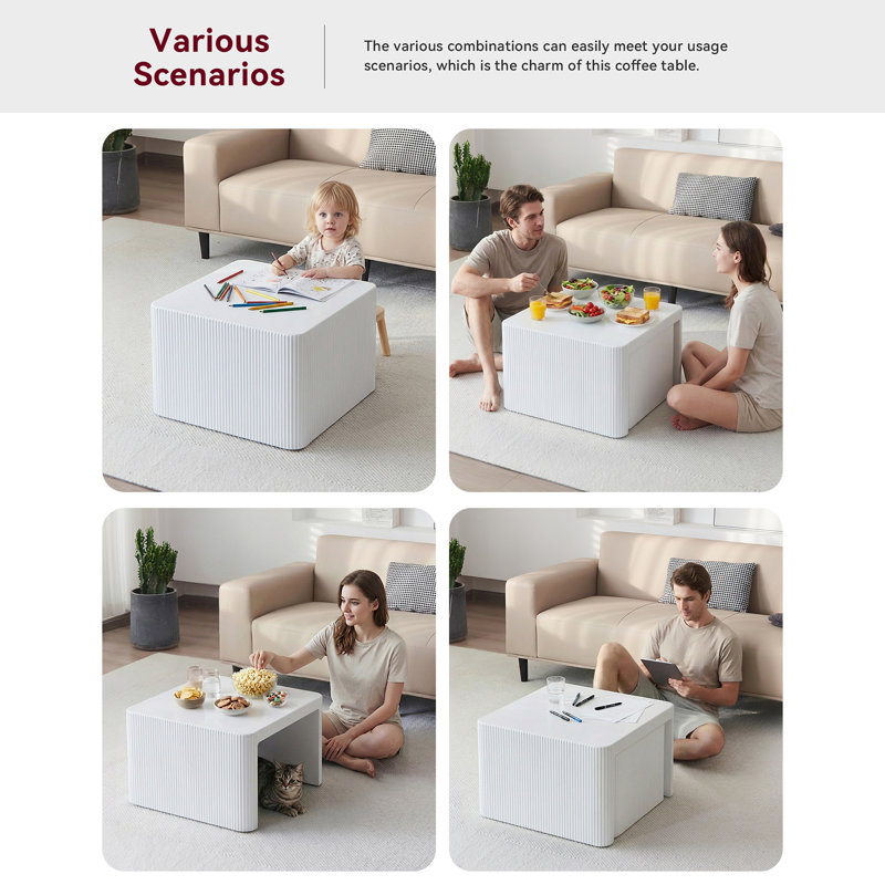 Square Nesting Coffee Table, Wooden Coffee Table, No Need Assembly Modern Fluted Nesting Tables Coffee Tables For  Living Room