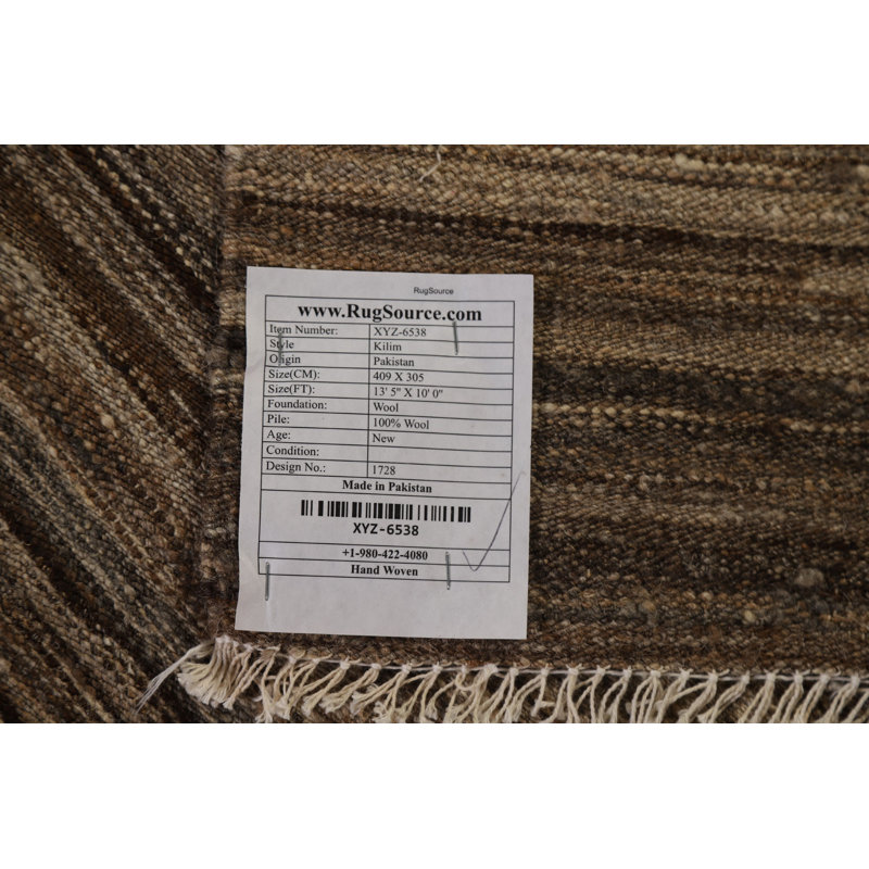 Tapis rayé rectangulaire en laine tissé à la main et à plat 10 pi x 13 pi 5 po gris / noir