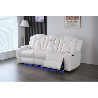 Modern Faux Leather Power Reclining Sofa with Drop-Down Table, LED Lights, Wireless Charging, USB-C/USB Ports, Power Outlet & Hidden Storage