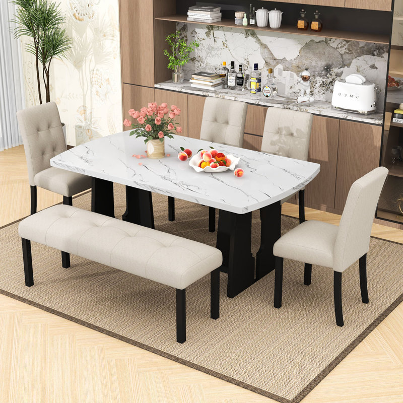 Ensemble de table de salle à manger 6 pièces avec table en faux marbre, 4 chaises rembourrées et banc, Beige, Blanc