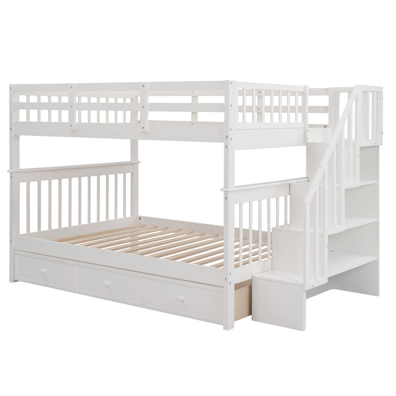 Lit superposé blanc au-dessus d'un escalier pour chambre à coucher, quatre compartiments de rangement, conception divisible, escalier sécuritaire, garde-corps, matelas non inclus