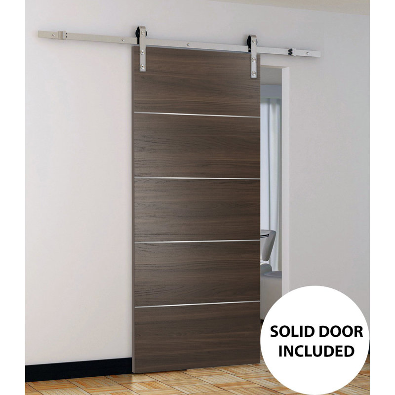 Porte coulissante de style grange avec quincaillerie Planum 0020 Frêne Chocolat, rail de 2 m (6,6 pi), ensemble robuste, portes intérieures modernes à panneaux pleins - 61 cm x 203 cm (24 po x 80 po) - Rail argenté