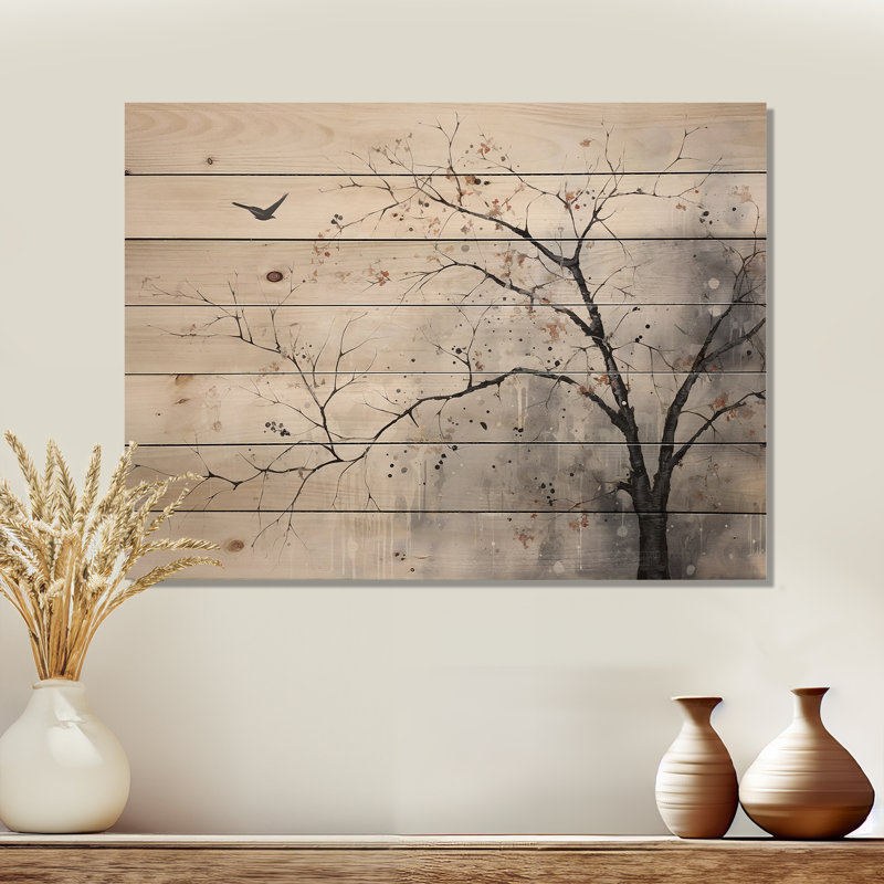 Minimalism Monochrome Birds On Branch I - Trees Wood Panel Wall Art On Natural Pine Wood, 24" H x 32" W