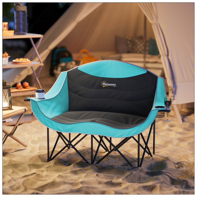 Chaise de camping double pour adultes Outsunny, chaise de camping pliante rembourrée avec accoudoirs, porte-gobelets, vert