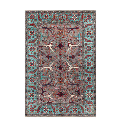 Tapis rouge / bleu sarcelle / gris en laine noué à la main de conception unique 6 pi 1 po x 8 pi 11 po