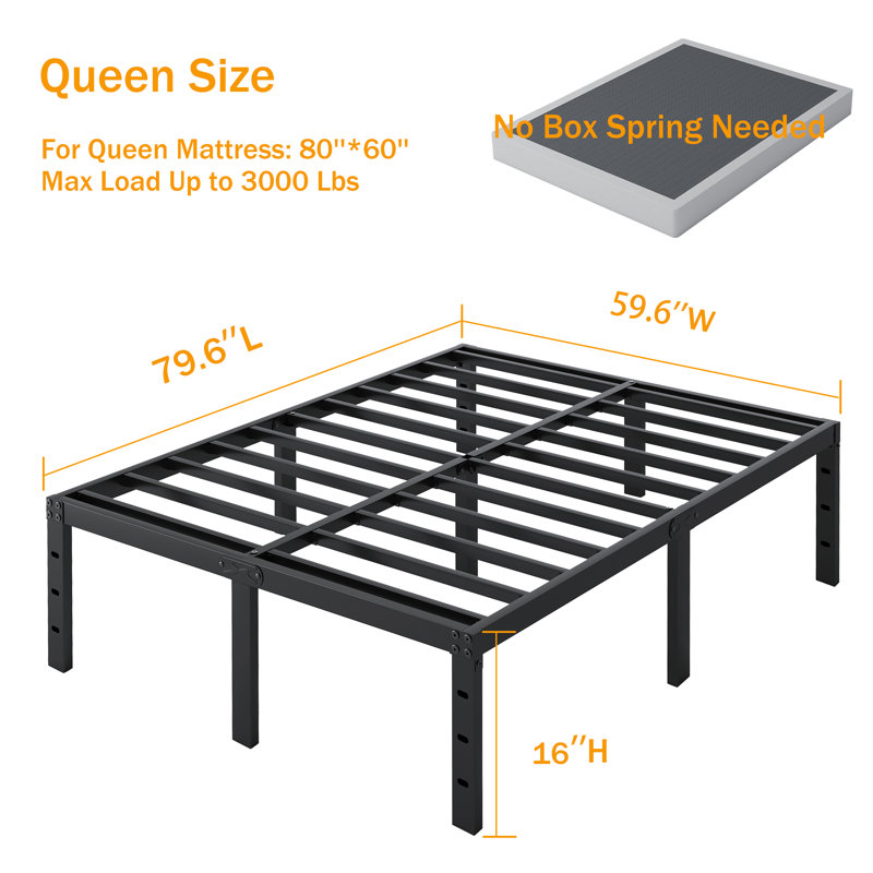 Alwyn Home Bed Frame No Box Spring Need 16 Inch Heavy Duty Tall Platform Bed Frame, Queen