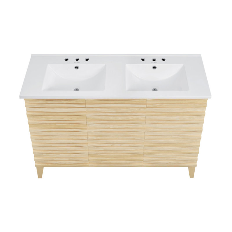 Cascade 48 po Meuble-lavabo double avec comptoir à 3 trous en céramique, Blanc, Chêne naturel