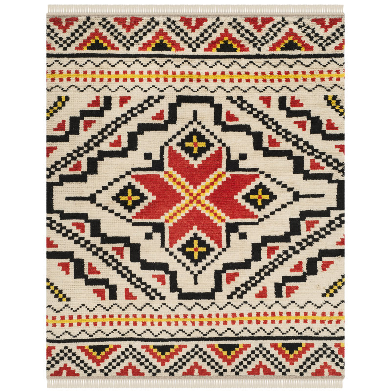 Tapis rouge / noir / beige en laine / coton noué à la main Bakerhill, Rectangle 8 pi x 10 pi