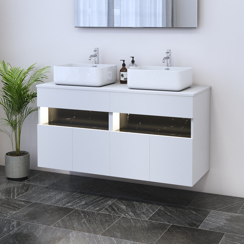 Meuble-lavabo double 47,2 po avec plateau en bois manufacturé Lieke, Blanc
