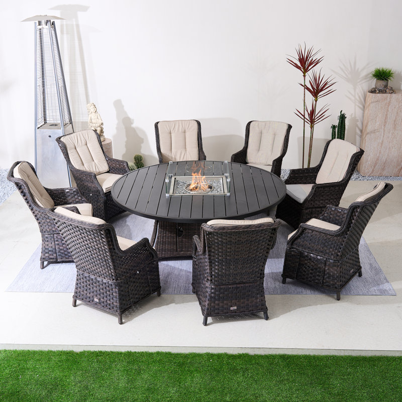 Ensemble de salle à manger pour 8 personnes avec table ronde et foyer en osier, coussins inclus