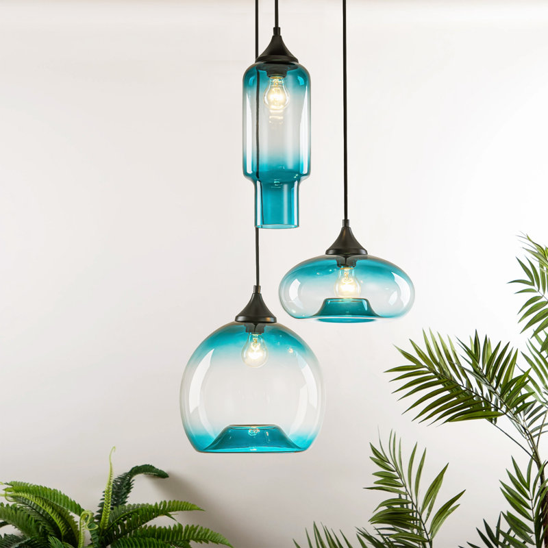 Luminaire suspendu en verre bleu dégradé à 3 lumières pour îlot de cuisine Lumora