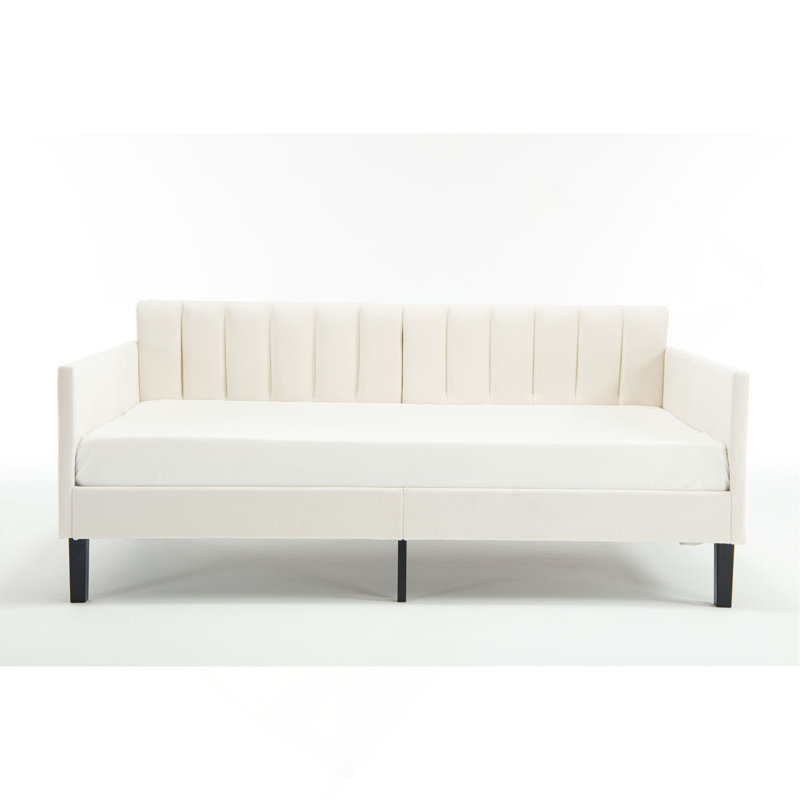 Velvet Upholstered Daybed, Ribbed Tufted Backrest, Daybed In Lavish Modern Design, Richly Hued Foam Comfort