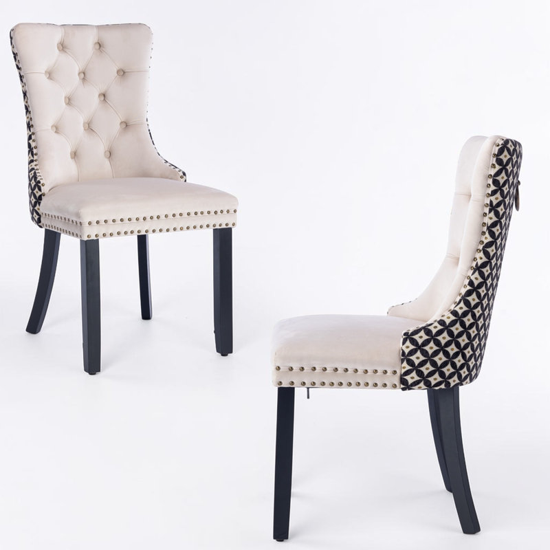 Tufted Velvet Wing Back Side Dining Chairs, Black, Beige Star