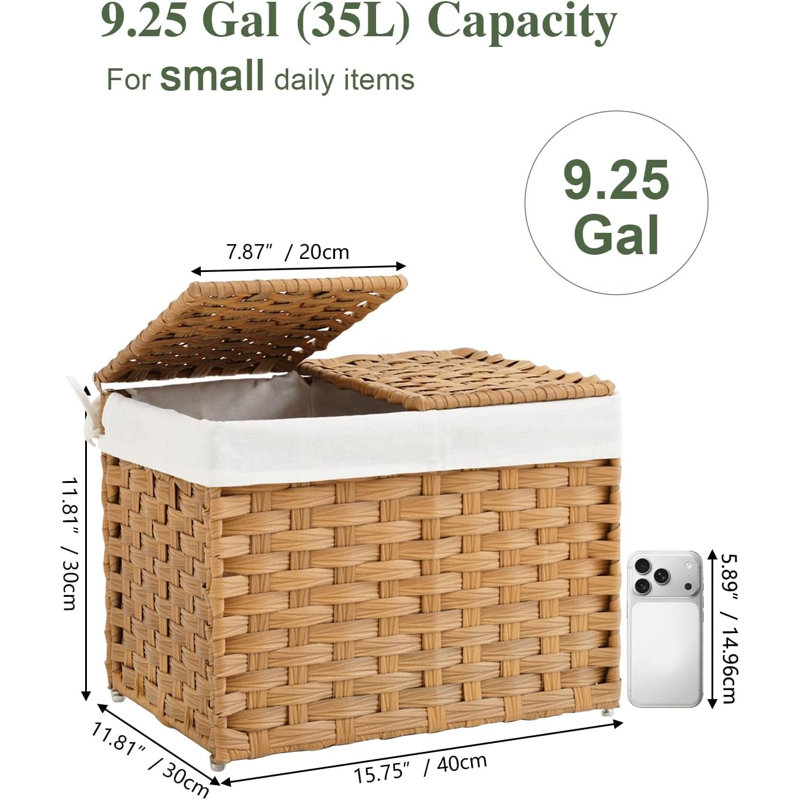 Panier de rangement avec couvercles en osier tressé avec 2 couvercles séparés, 9,2 gallons, 35 l, bacs de rangement en osier avec poignées, 2 sacs de doublure pliables et amovibles pour la chambre à coucher et la salle de lavage
