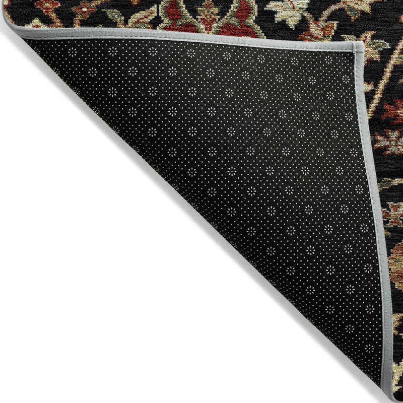 Black Floral Synthetic Rectangular Washable Area Rug