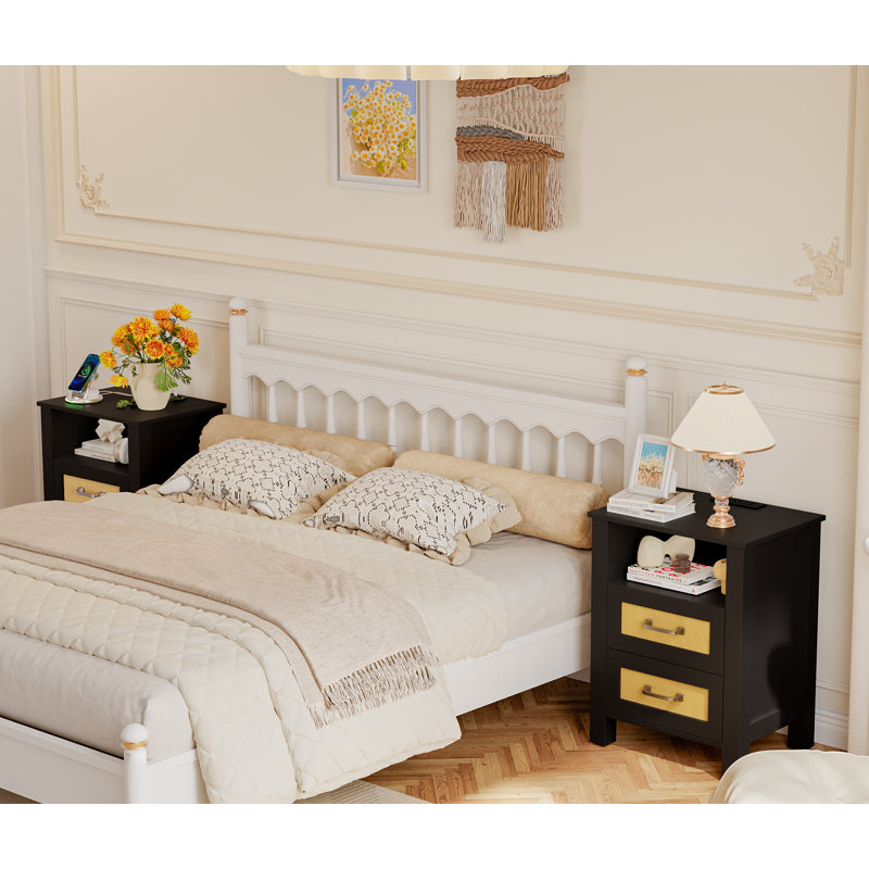 Nightstands With Charging Station - 2 Rattan Drawers, 3-tier Design, Usb/type-c Ports (set Of 2 Or Single), Set of 2, Black