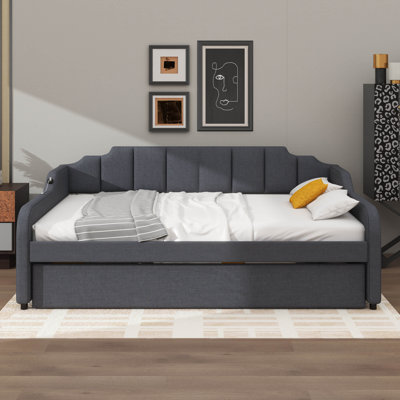 Full Size Upholstery Daybed With Trundle And USB Charging Design,Trundle Can Be Flat Or Erected by Lark Manor