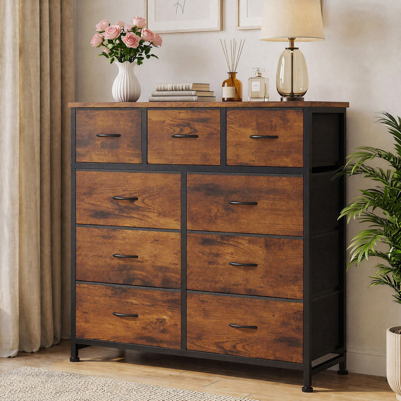 39.37'' W 9-Drawer Fabric Dresser with Wood Top, Storage Chest, Rustic Brown/Black