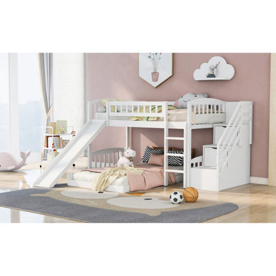 Lit simple au-dessus de lits superposés avec tiroirs et conceptions d'escalade polyvalentes