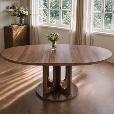 Extendable Round Dining Table, Modern Farmhouse Expandable Kitchen Table, Walnut