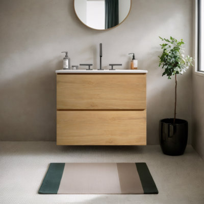 Meuble-lavabo flottant mural en chêne naturel avec lavabo en céramique (trois trous de robinet) - Lavabo une pièce, grand rangement, pré-assemblé pour une salle de bain moderne